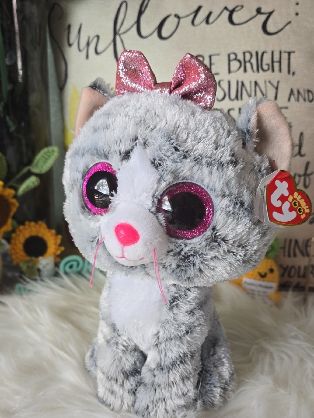 Ty Gray Kitty Beanie Boo with Pink Glitter Eyes and Bow